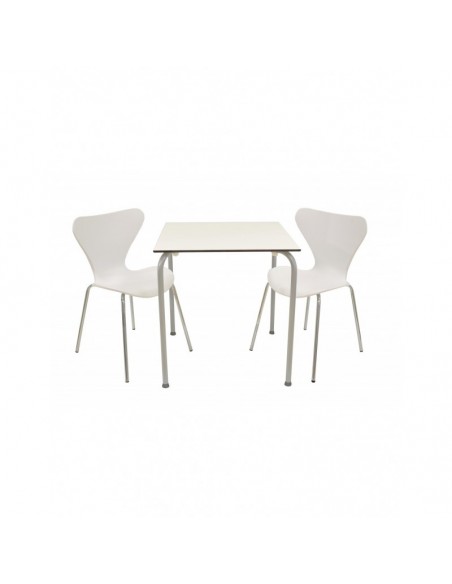 Mesa FERAY:Mesa FERAY, apilable, epoxi plata, tablero fenólico blanco, 69 x 69 cms.