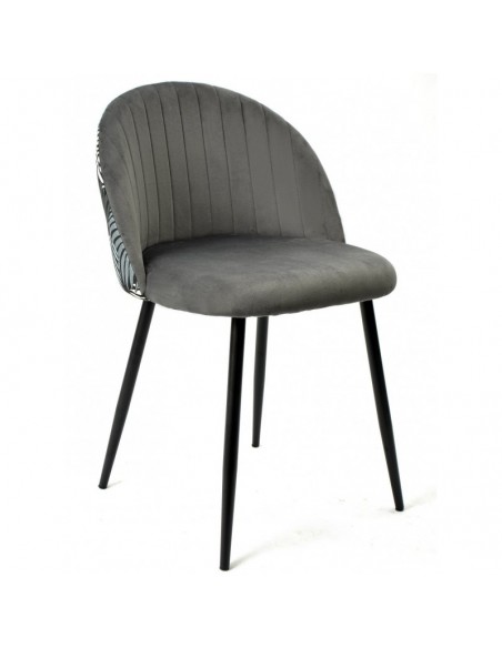 Silla FLORAL, metal, tapizado velvet gris con trasera floral a juego