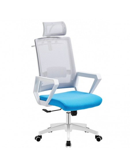 Sillón de oficina ASTON, blanco, malla gris, tejido azul claro