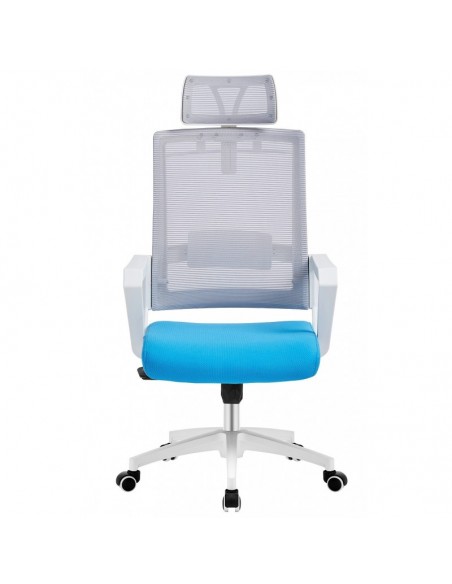 Sillón de oficina ASTON, blanco, malla gris, tejido azul claro