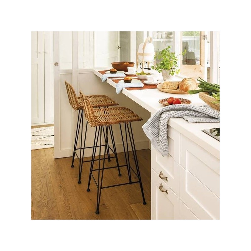 Taburete YAKARTA, metal, ratán beige