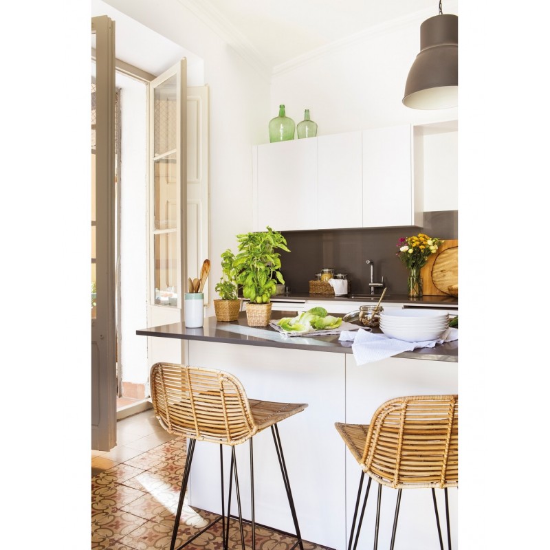 Taburete YAKARTA, metal, ratán beige