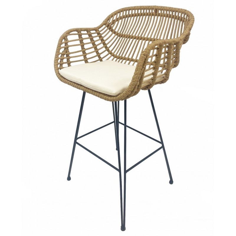 Taburete DEPOK, metal, ratán beige, cojín