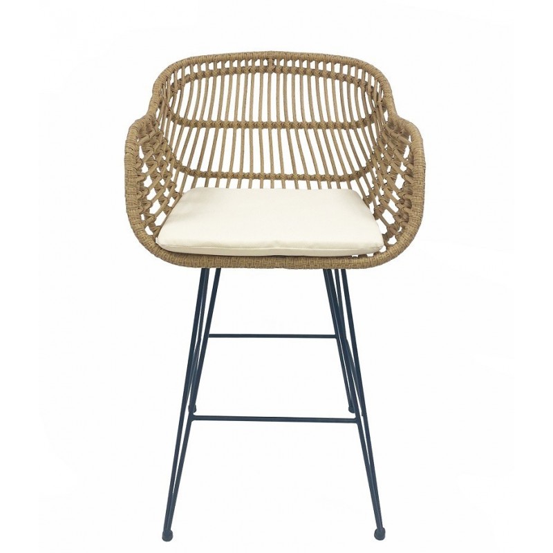Taburete DEPOK, metal, ratán beige, cojín
