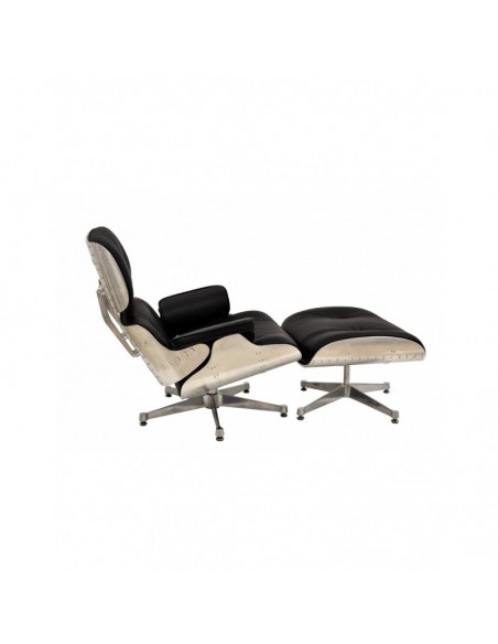 Butaca con ottoman EA, aluminio, base pulida, piel negra