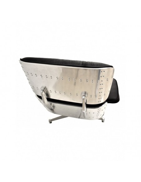 Butaca con ottoman EA, aluminio, base pulida, piel negra