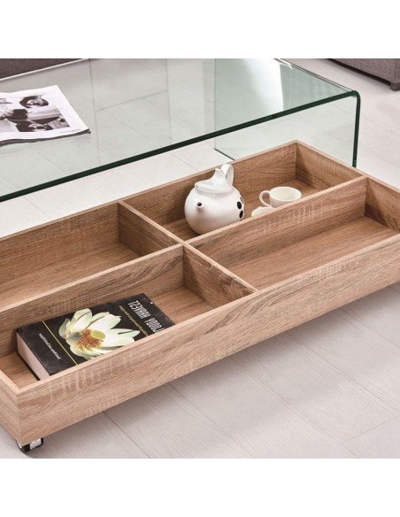 Mesa ARIANA, baja, cristal templado, madera,  110x55 cms