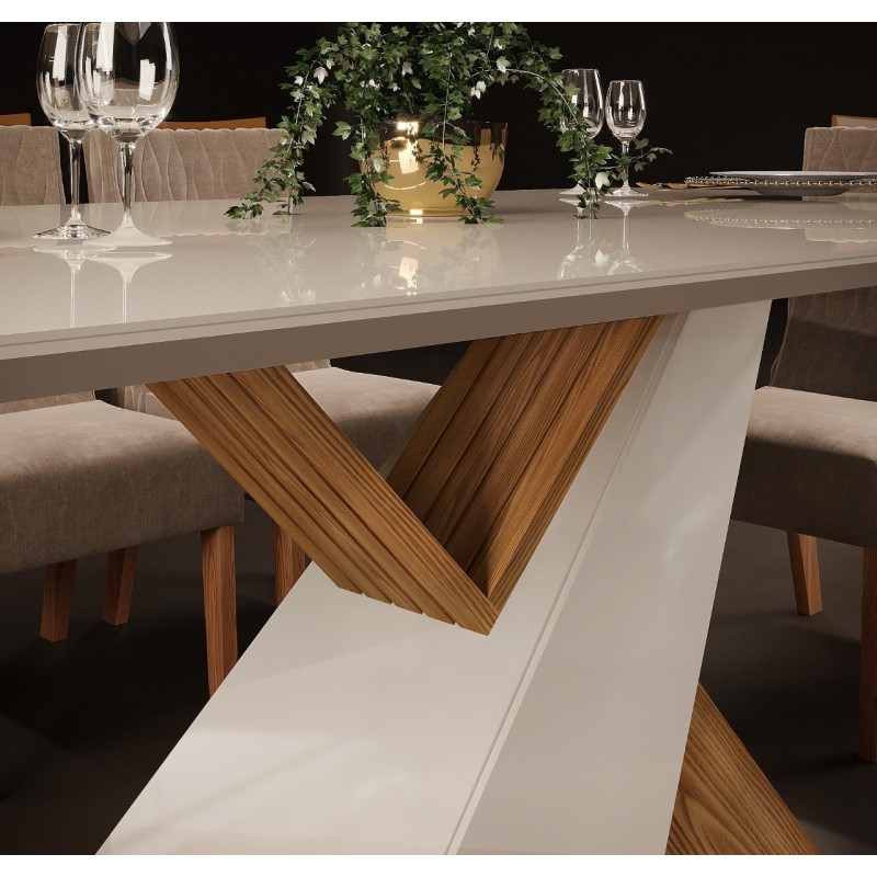 Mesa VEGA, cristal, roble y blanco roto, 180x90...