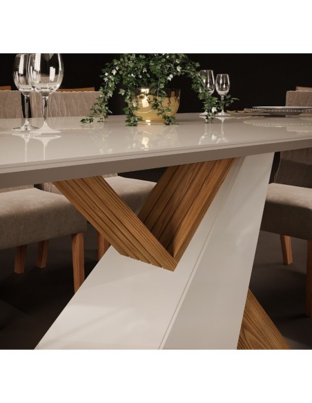 Mesa VEGA, cristal, roble y blanco roto, 180x90 cms