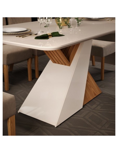 Mesa VEGA, cristal, roble y blanco roto, 180x90 cms