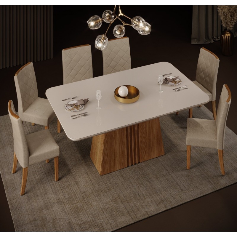 Mesa KALI, cristal, roble y blanco roto, 170x90...
