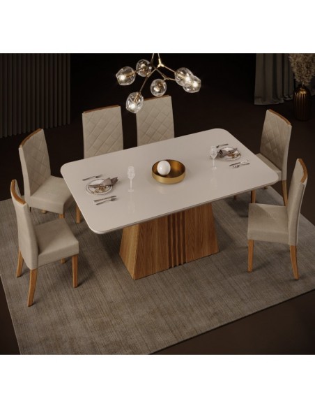 Mesa KALI, cristal, roble y blanco roto, 170x90 cms