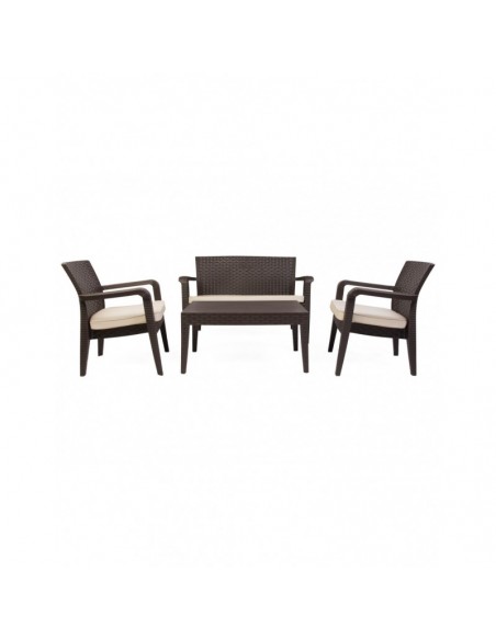 Conjunto ALBORÁN, 2 Sillones + Sofá 2 plazas + mesa, polipropileno chocolate, cojines incluidos