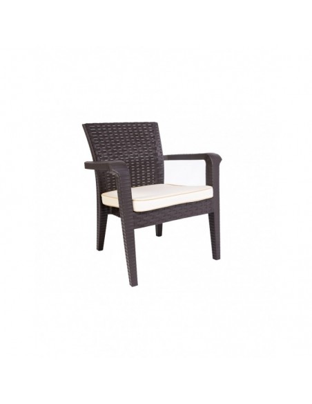 Conjunto ALBORÁN, 2 Sillones + Sofá 2 plazas + mesa, polipropileno chocolate, cojines incluidos