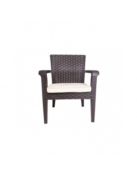 Conjunto ALBORÁN, 2 Sillones + Sofá 2 plazas + mesa, polipropileno chocolate, cojines incluidos