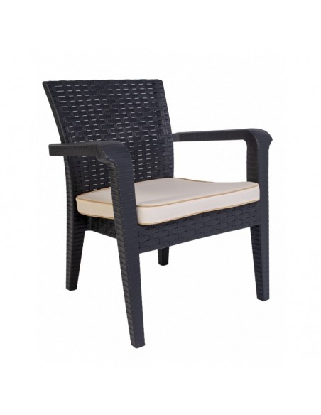 Conjunto ALBORÁN, 2 Sillones + Sofá 2 plazas + mesa, polipropileno antracita, cojines incluidos