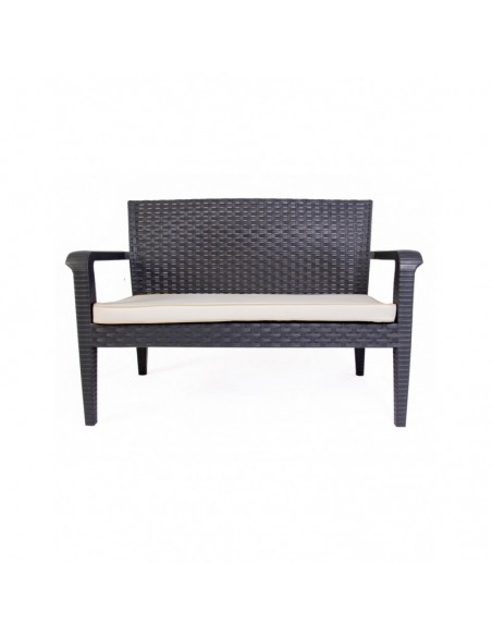 Conjunto ALBORÁN, 2 Sillones + Sofá 2 plazas + mesa, polipropileno antracita, cojines incluidos