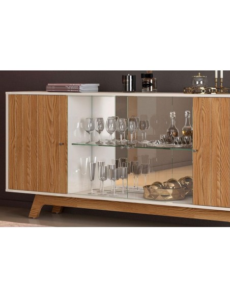 Buffet GRENOBLE, 4 puertas, cristal, roble y blanco roto, 180 cms.